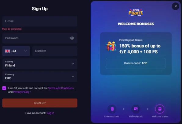Crash Pirate welcome bonus with 150% up to €4,000 and 100 free spins